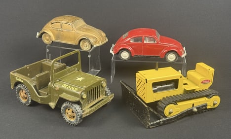 Vintage Metal Tonka Jeep Volkswagen Bulldozer Light to heavy playwear on each. Signs of age