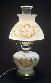 Vintage Gone With The Wind Hurricane Lamp Painted white lglass in a floral pattern. Works. Unknown