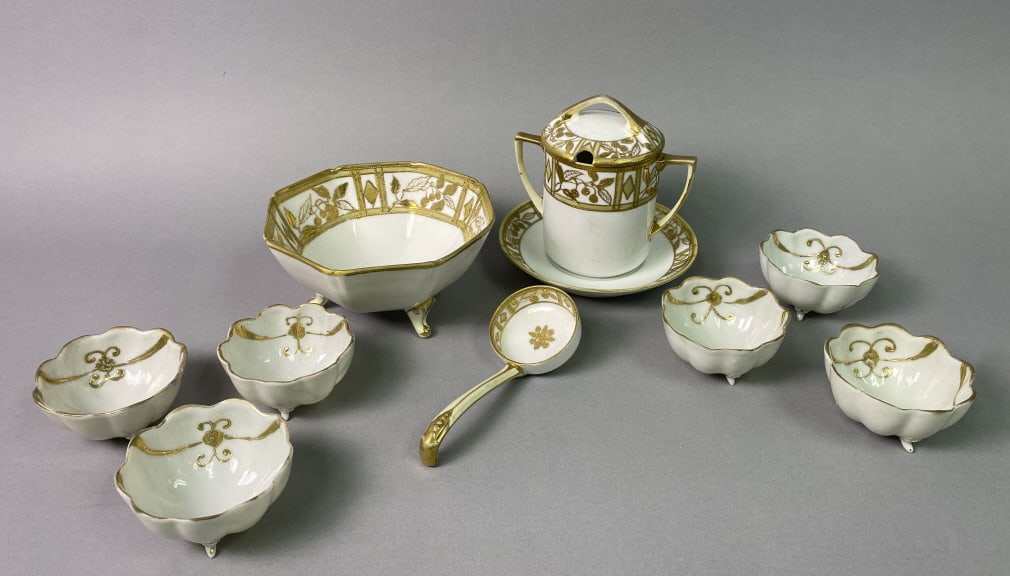 Hand Painted Nippon Dishes 10 piece set of hand painted Nippon dishes. Includes bowl, saucer, lidded (1 of 14)