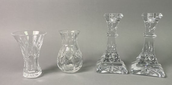 Waterford Crystal Candlesticks & Two Vases Pair of Waterford Crystal candlesticks, 6" tall; two