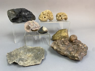 Rock Collection Including Hag Stones Lot also includes: banded chalcedony; agate; mica schist;