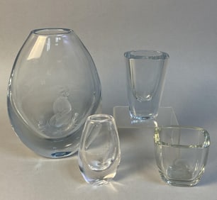 Strombergshyttan & Kosta Boda Vases Two Strombergshyttan bluish-silver etched glass vases. One of