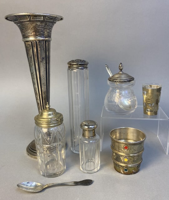 Antique Sterling and Lidded Glass Pieces Antique Mueck Carey vase, 10 inches tall; Gorham Sterling (1 of 12)