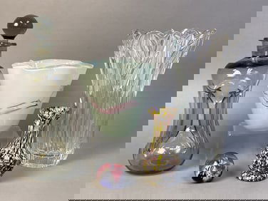 Group of Art Glass & Crystal  Including Block Includes: UV glow splatter vase, 5 inches tall; small