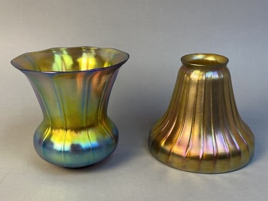 Steuben Vase and Light Shade Steuben signed Aurene art glass vase, 5 inches tall; Steuben or Steuben