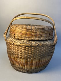 Early Handwoven Lidded Basket with Wood Handles Early handwoven ash splint basket with insert, lid