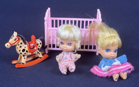 Vintage Mattel Little Kiddles 1960s Two dolls, rocking horse and crib. Made in Japan.