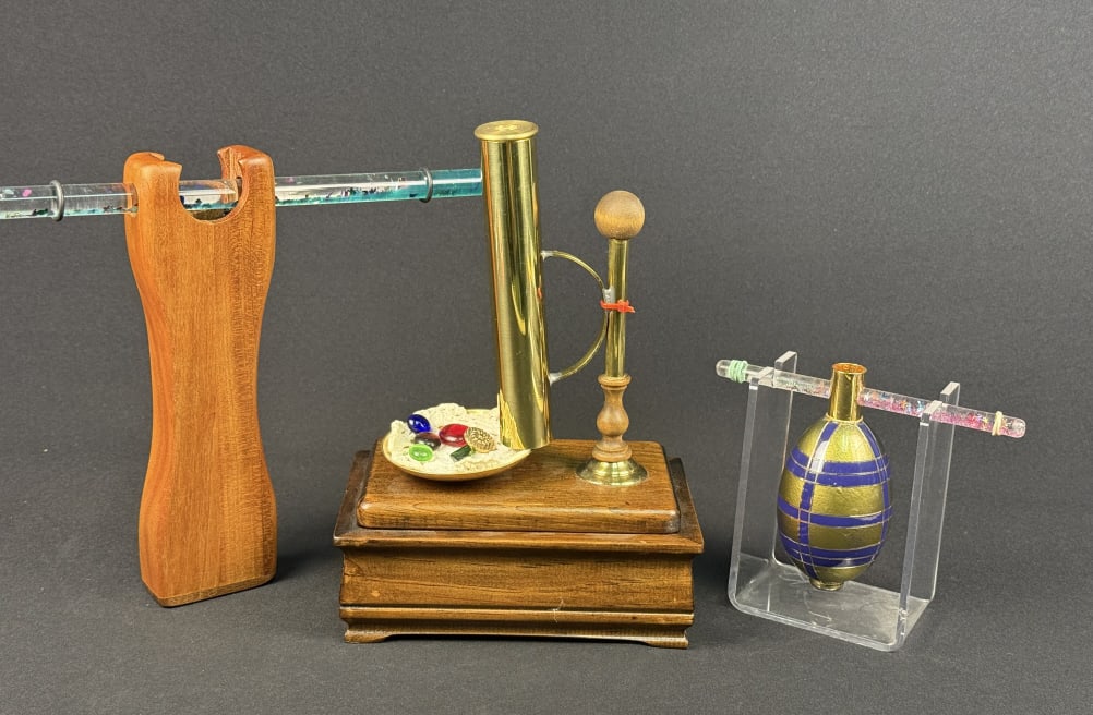 Three Kaleidoscopes Wood Brass Glass Liquid 3 different styles. Music box version has had some: 3 different styles. Music box version has had some repair and is missing music winder key. Please refer to photos for further details. Approximately 15 x 5 x 10 total inches.