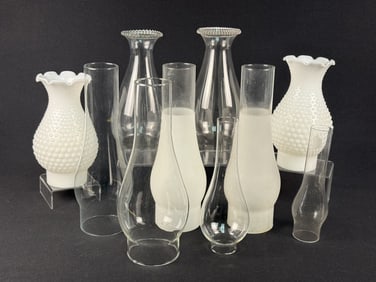 Vintage Glass Oil Lamp Lampshades 10 total. 2 frosted, 2 milk glass the rest clear.