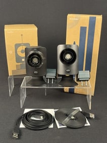 Simplisafe Cameras and Yard Sign Stake Two cameras with usb cords and plugs one in box.