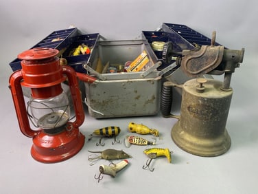 1960’s Fishing Lures, Lantern and Blowtorch Tropic Chalwyn Lantern Made in England, 9.5 inches