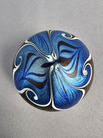 Orient & Flume Pulled Feather Art Glass Paperweight, Dated 1977