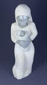 A Modern Stylized Stone Sculpture of a Mother and Child, Signed KICHA