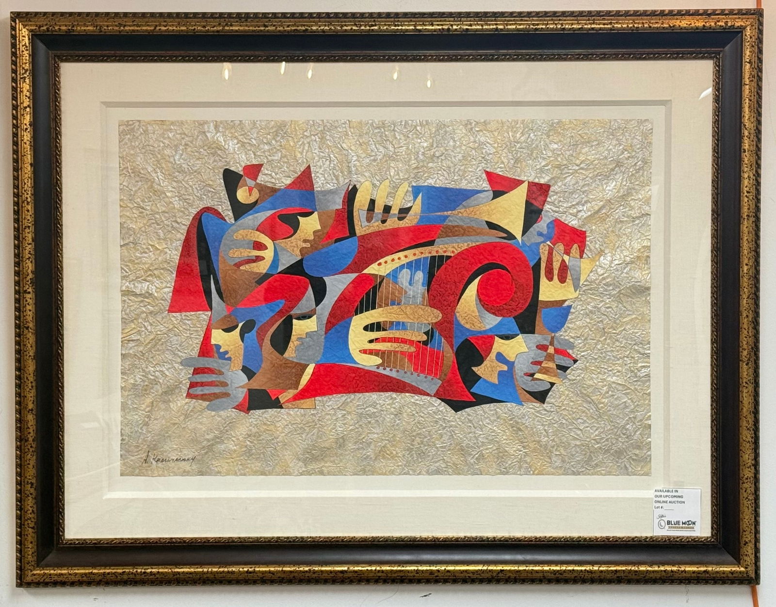Anatole Krasnyansky, Abstract Composition with Musical Instruments and Figures: A framed contemporary mixed media artwork by Anatole Krasnyansky, featuring an abstract, geometric composition with cubist influences. The piece depicts intertwined musical instruments such as a harp