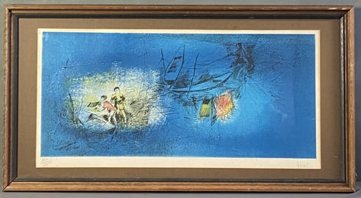 Hoi Lebadang Lithograph Signed Picture of fisherman on a field of blue lithograph by the