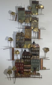 Curtis Jere Hillside Village Brutalist Sculpture Brass and copper hammered sculpture of houses and