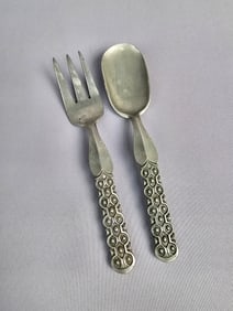 A Two-Piece David Andersen Norway 'Old Norse' Pewter Salad Serving Set
