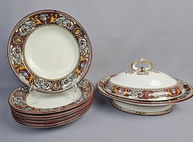 A Group of Minton 'Florentine' Tureen & 7 Soup Bowls