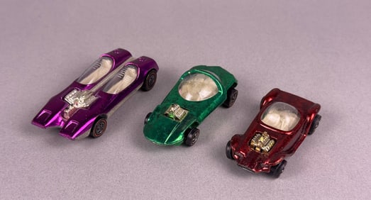 Three Mattel Hot Wheels Redline Die-Cast Cars: 'Splittin' Image', 'Beatnik Bandit', and