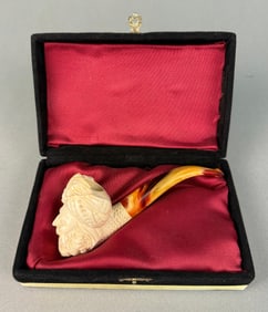 Carved Meerschaum Pipe Depicting an Ottoman Gentleman, with Case