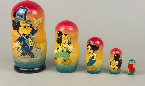 Five Hand-Painted Russian Nesting Dolls, Disney Mickey Mouse