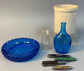 A Colonial Blue Hobnail Ashtray, a Cobalt Blue Bottle, a Lamp Chimney, a Stoneware Crock, and a