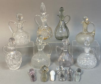 A Collection of Eight Antique and Vintage Glass Cruets with Stoppers, and Six Additional Glass
