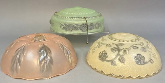 Three Art Deco Opalescent and Embossed Glass Ceiling Light Shades