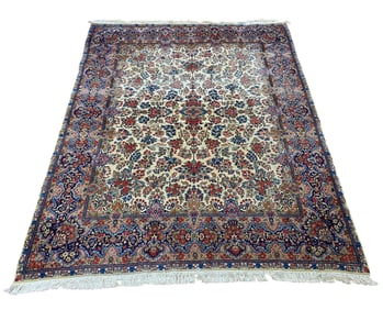 Vintage Hand-Knotted Persian Kerman Wool Rug, Ivory Ground