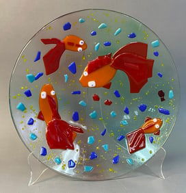 Contemporary Fused Art Glass Decorative Plate with Four Fish