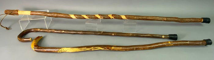Three Naturalistic Folk Art Carved Wooden Walking Sticks