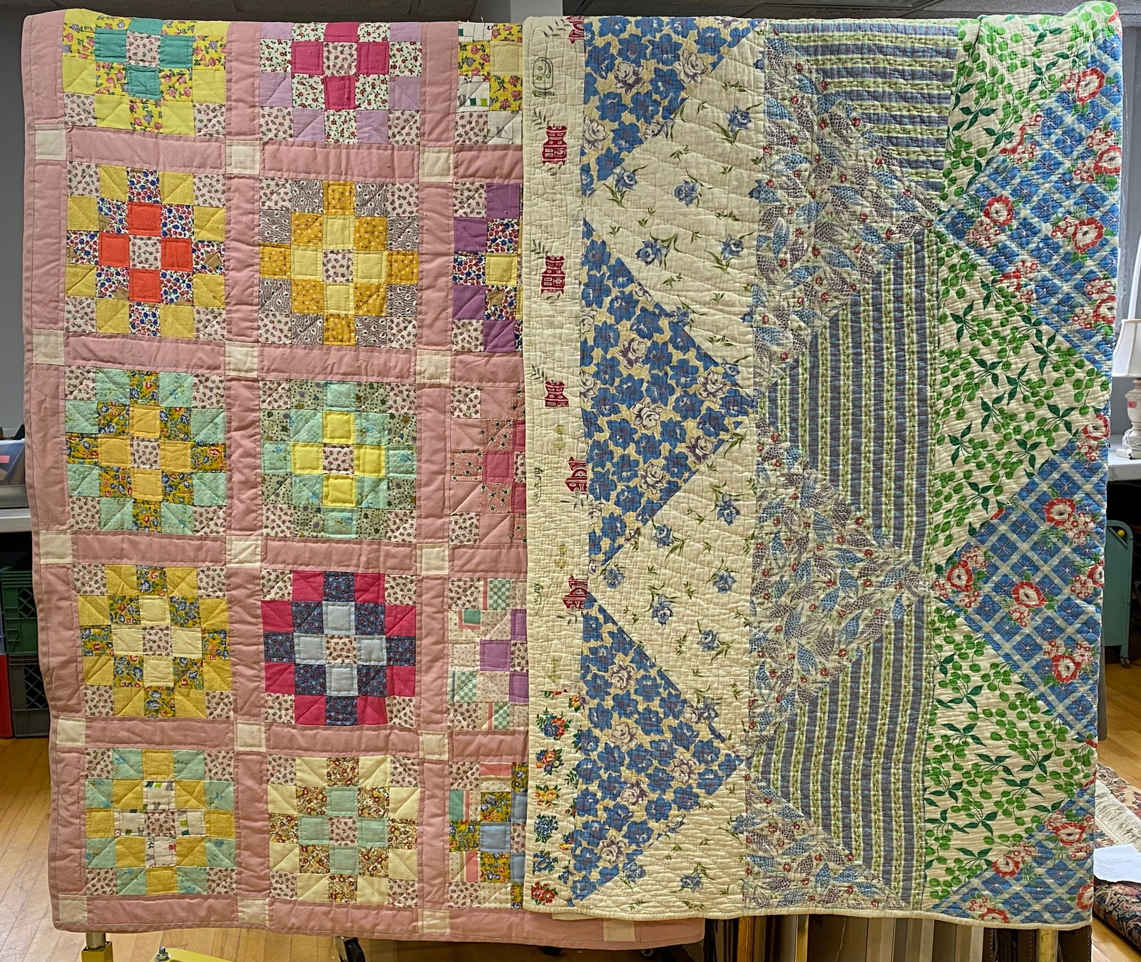 Two Mid-20th Century Cotton Nine Patch and String Quilts: Two vintage textile quilts, likely dating to the mid-20th century, is constructed from various cotton fabrics. One features a "Nine Patch" or "Four Patch" variant block pattern, composed of small flor