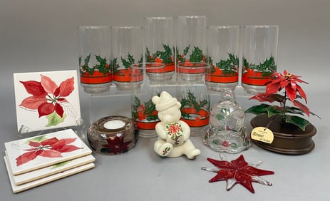 Lenox 1995 China Jewels Bear, A Collection of Libbey Christmas Poinsettia Holly Glassware and