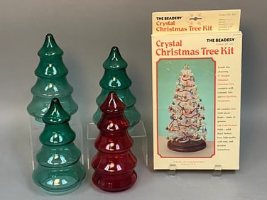 A THE BEADERY Crystal Christmas Tree Kit with a Mikasa Glass Christmas Tree and a Group of Four