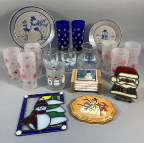 A Collection of Libbey Christmas Snowman and Snowflake Glassware, Beaumont Bros. Pottery Plates, and