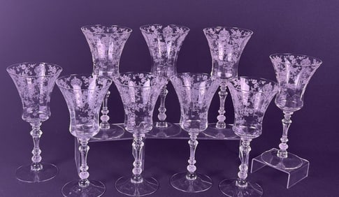 A Set of Eight Cambridge Rose Point Clear Glass Goblets