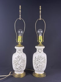 A Pair of Mid Century Morihiro Sangyo Blanc de Chine Reticulated Lamps