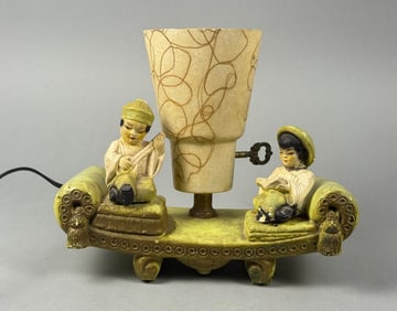 Mid-Century Chalkware TV Lamp with East Asian Figures, dated 1954
