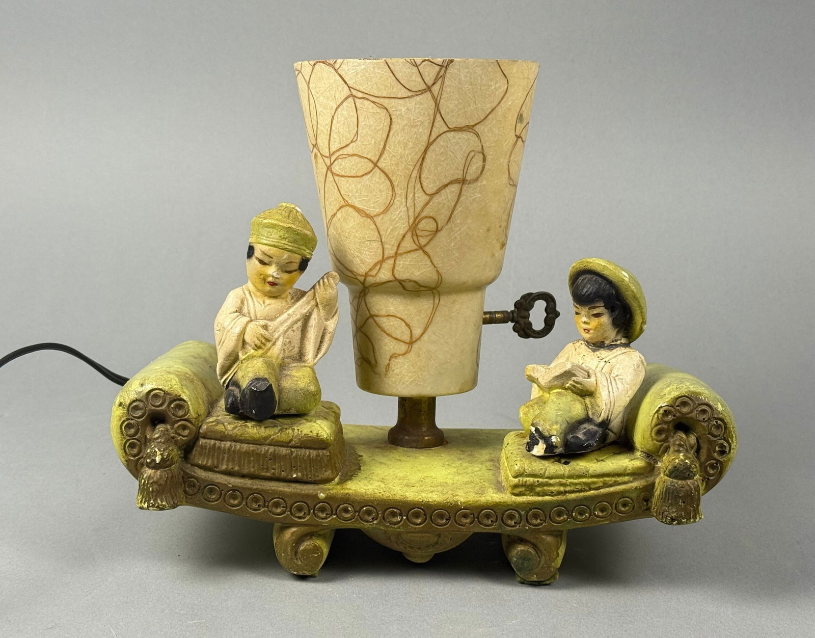 Mid-Century Chalkware TV Lamp with East Asian Figures, dated 1954 (1 of 8)