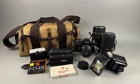 A Group of Late 20th Century Konica Autoreflex T4 Film Photography Equipment