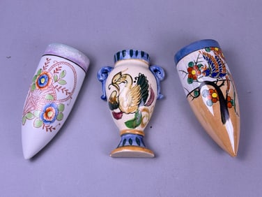 Three Vintage 1940s Japanese Hand-Painted Glazed Ceramic Wall Pockets