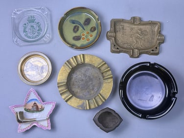 Collection of 8 Ashtrays Brass Ceramic Hotel Souvenir
