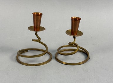 A Pair of Fisher K202 Mid-Century Modern Brass and Copper Spiral Candlesticks
