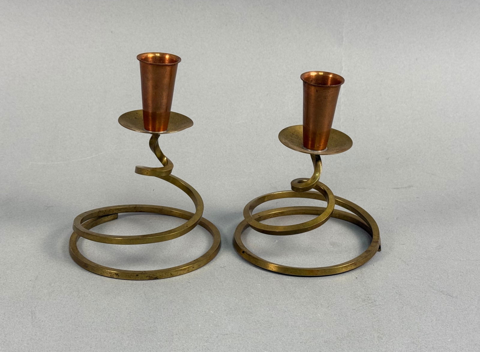 A Pair of Fisher K202 Mid-Century Modern Brass and Copper Spiral Candlesticks (1 of 7)