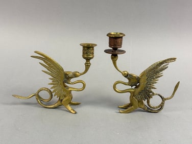 A Pair of Late 19th / Early 20th Century Revivalist Brass Dragon / Griffin Candlesticks