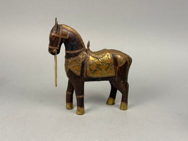 Vintage Indian Hand Carved Wood Armored Horse with Brass and Enamel Inlay
