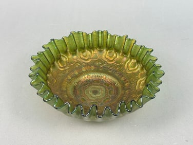 Fenton Green Carnival Glass Crimped Ribbon Bowl