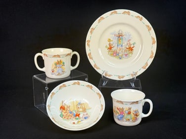 A Four-Piece Royal Doulton Bunnykins English Fine Bone China Children's Tableware Set, Golden