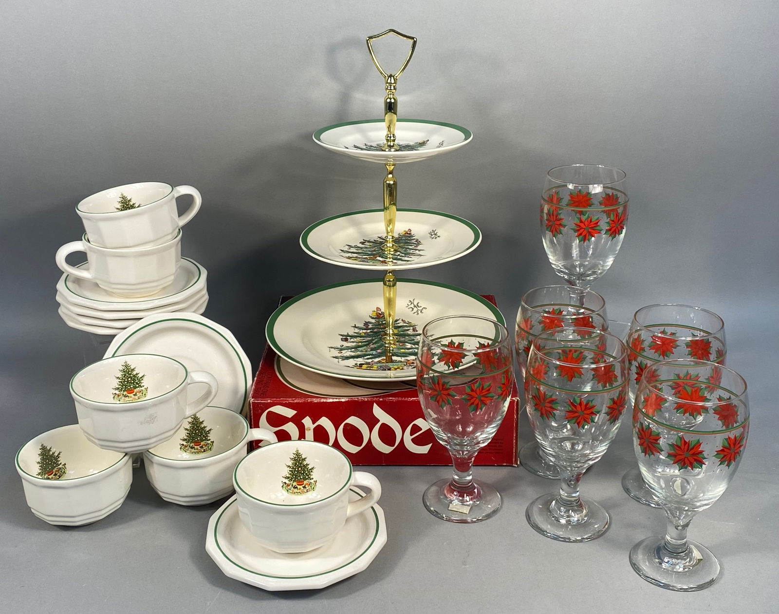 A Collection of Pfaltzgraff 'Christmas Tree' Dinnerware and Assorted Christmas Serveware: A collection of Pfaltzgraff 'Christmas Tree' pattern ceramic dinnerware and assorted Christmas-themed serveware and decorative items. The Pfaltzgraff 'Christmas Tree' pattern dinnerware includes eight