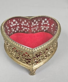 Vintage Heart Shaped Filigree Ormolu Jewelry Casket